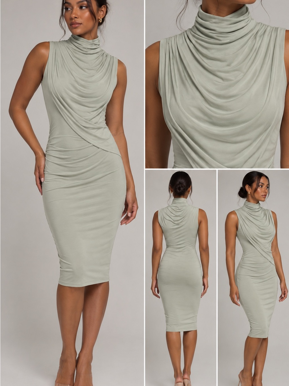 Archived H by Halston Sleeveless Draped Turtleneck Midi Dress - Sage